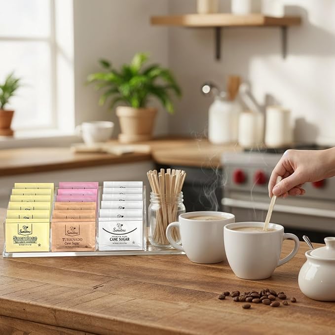 Sweetmo Sugar Packets Variety Pack - Sucralose Raw Sugar Saccharin Cane Sugar with Wooden Stirrers - 300 Count for Coffee Tea Office Breakrooms Home &amp Airbnb