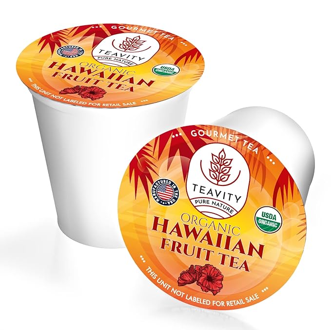 Organic Hibiscus Sabdariffa Tea Pods with Peach Mango &amp Passionfruit - Naturally Decaf Tea - Hawaiian Fruit Tea by Teavity (24 Tea Pods)