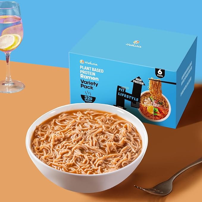 Hethstia High-Protein Ramen Variety Pack (Chicken Beef Spicy Kimchi Spicy Curry) 6-Pack Instant Ramen Noodle Soup 32g Plant-Based Protein Vegan Non-GMO Low Fat Pre-Packaged Quick Meal