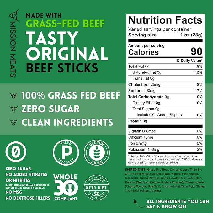 Mission Meats Beef Sticks – 100% Grass Fed Beef Zero Sugar Healthy Snacks Individually Wrapped Gluten Free Non-GMO Original 1oz (Pack of 12)