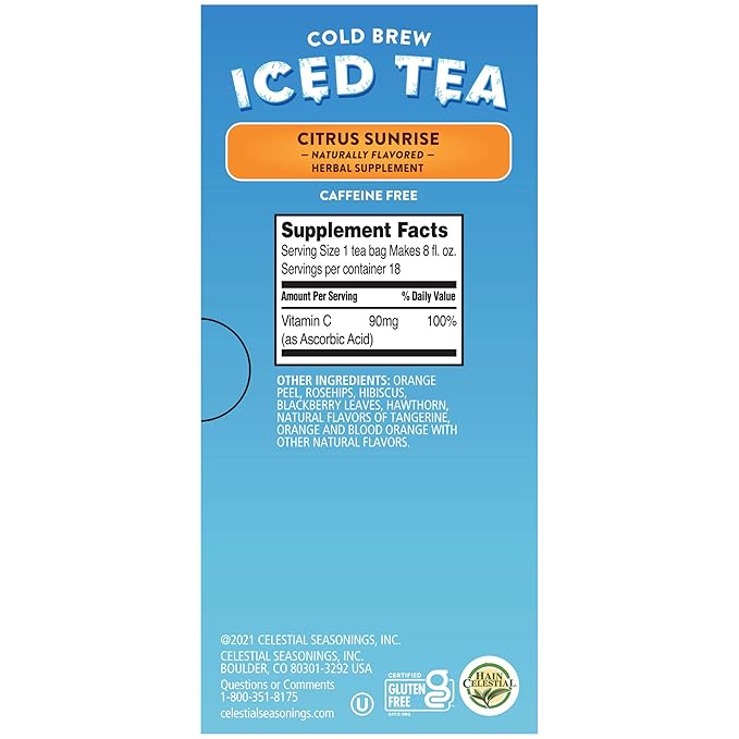 Celestial Seasonings Cold Brew Iced Tea Citrus Sunrise Caffeine Free 18 tea bags (Pack of 6)