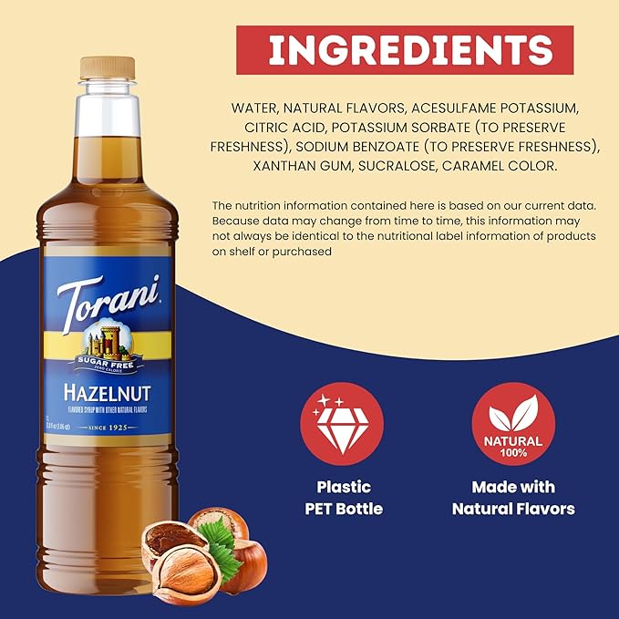 Torani Sugar Free Hazelnut Coffee Syrup 1 Liter Bottle with Pump Dispenser – Zero Calorie Flavored Syrup for Lattes Cold Brews Teas Smoothies &amp Desserts – Keto &amp Diabetic Friendly