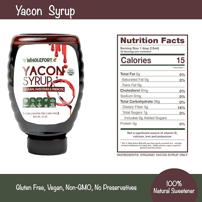 Peruvian Yacon Syrup a 100% Natural Sweetener - Low Glycemic Index - Vegan - Organic - Substitute for Sugar Honey and Molasses - Packed with FOS (fructooligosaccharide) a Prebiotic Fiber and Inulin -