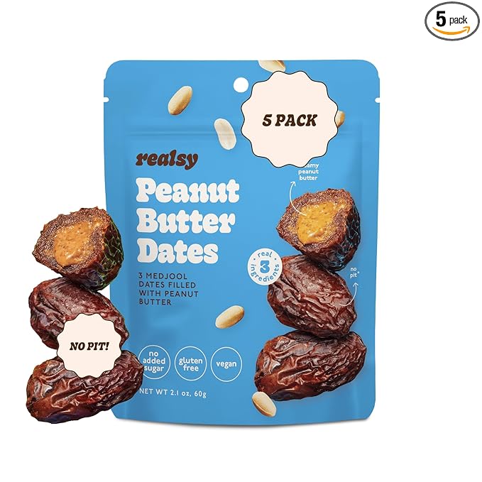Realsy Pitted &amp Stuffed Medjool Dates Organic Dates with No Sugar Added Gluten-Free Vegan Good Source of Fiber Low Glycemic Index All Natural Healthy Snack (Peanut Butter 5 pack)