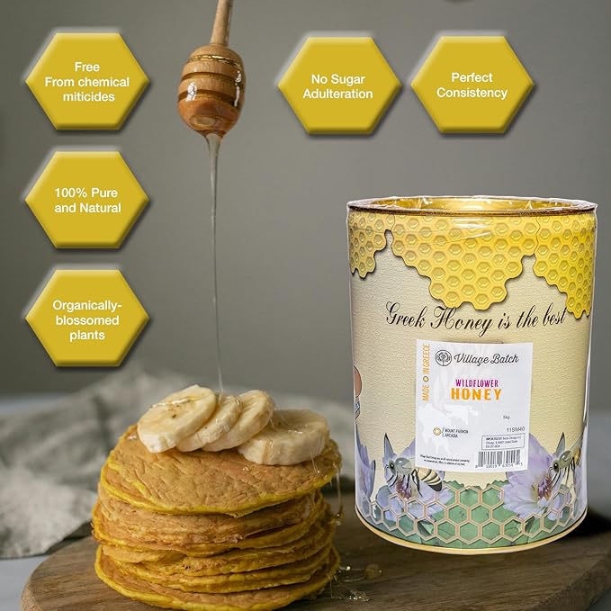 Village Batch Raw Organic Wildflower Honey Bulk 11 lb. (Pack of 1) Organic and Unpasteurized Authentic Greek Honey from Mount Mainalon Rich and Floral Perfect for Cooking Baking and Sweetening