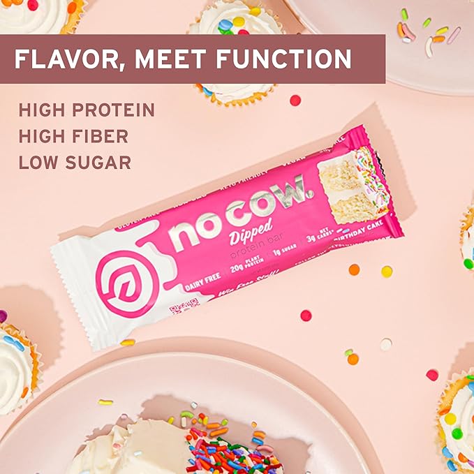 No Cow Vegan Protein Bars Upgraded Birthday Cake | 20g Plant Based Protein Gluten Free Dairy Free Soy Free Keto Friendly Low Sugar High Fiber Snack Bars | Pack of 12