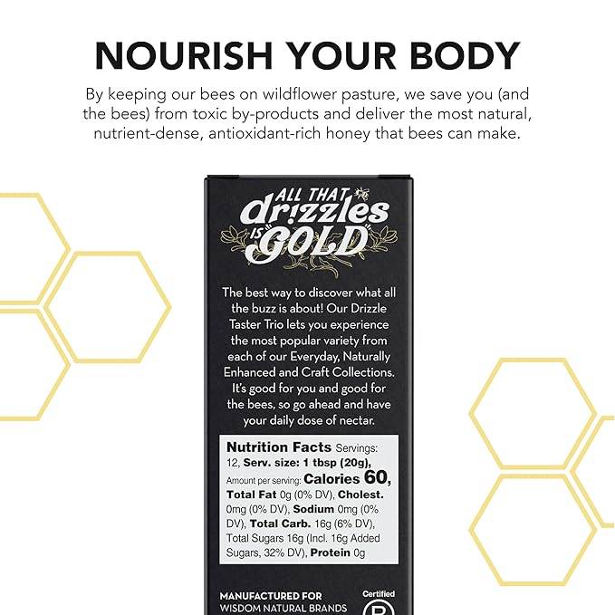 Drizzle Honey Taster Trio - All Natural Pure Raw Honey Unfiltered White Cinnamon Spiced &amp Turmeric Gold Mini Jars Use in Tea &amp Coffee Sugar Substitute Certified Kosher - Pack of 6