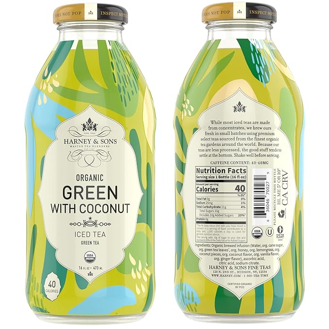 Harney &amp Sons Organic Green with Coconut Iced Tea 16 oz Glass Bottles (Pack of 12)