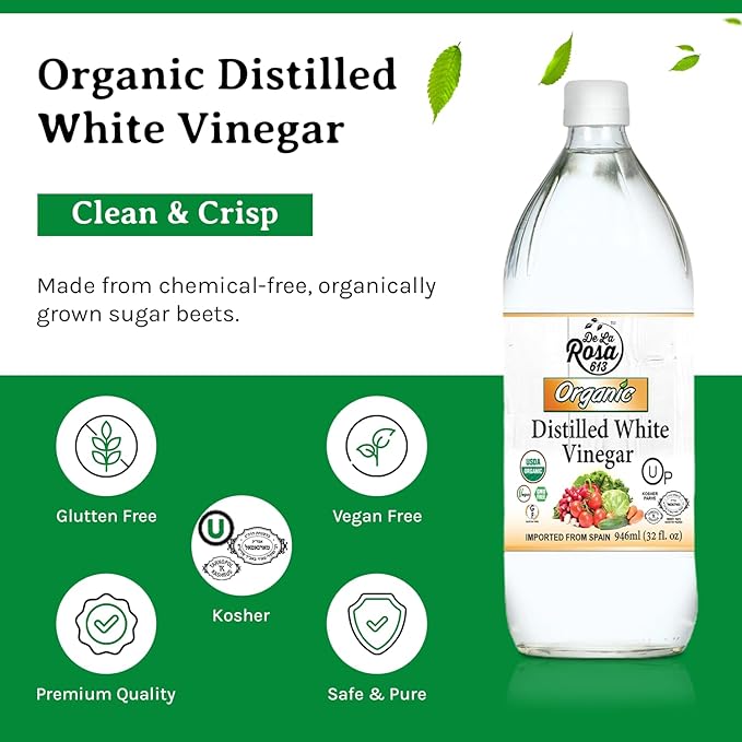 De La Rosa Organic Distilled White Vinegar White Vinegar Raw &amp Unfiltered Kosher for Passover Vegan &amp Gluten Free Great for Salad Dressing Marinades 32 Oz (Pack of 2)