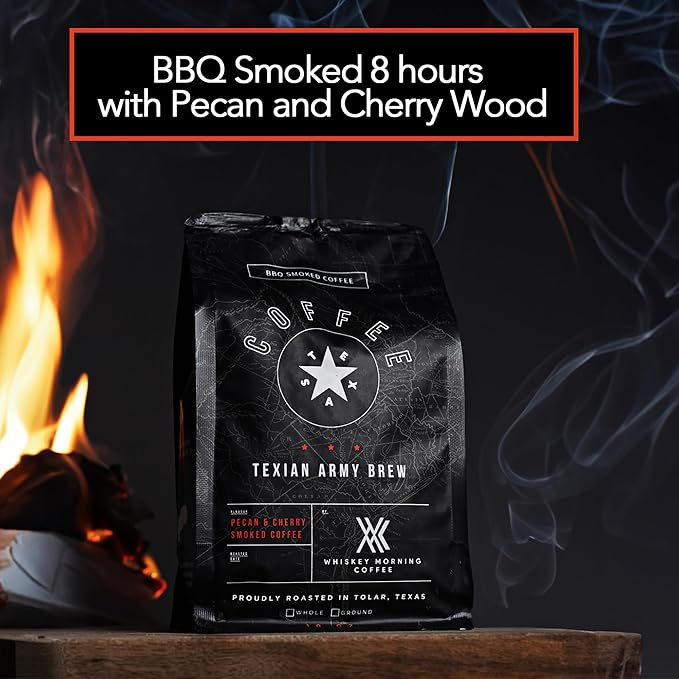 Whiskey Morning Coffee Texian Army Brew Double Smoked Ground Coffee Fire Roasted with Pecan Wood &amp Cold Smoked with Cherry Wood Small Batch Texas Roasted Bold &amp Smooth Medium Roast 10 oz