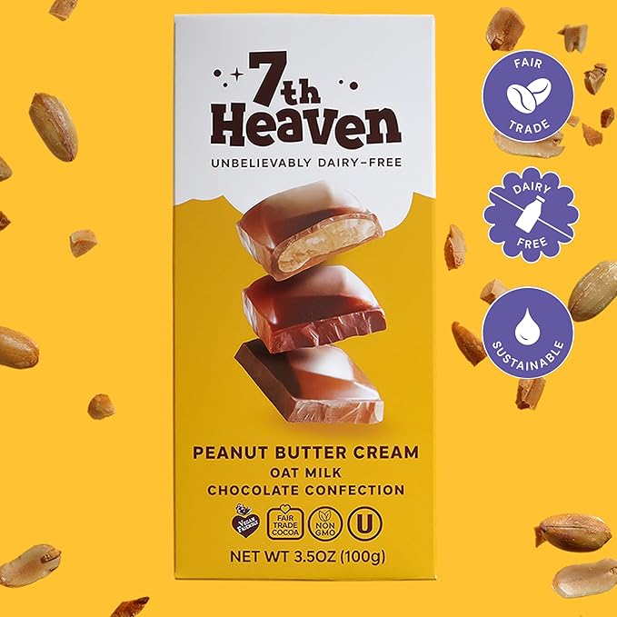 7th Heaven Vegan Oat Milk Chocolate Bars: Peanut Butter Cream - (3.5 oz - 4 Pack) Healthy Chocolate Perfect Valentines Gift For Your Loved Ones 100% Dairy Free Non GMO Kosher Parve Cruelty Free