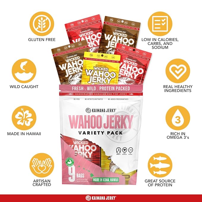 Wahoo Ono Fish Jerky Variety Sampler- Smokin' Hickory O.G Island Citrus &amp Spicy Chili - Organic Gourmet Smoked Fish Strips Rich in Omega-3 &amp Protein Low-Calorie Low Sodium &amp Sugar- 9