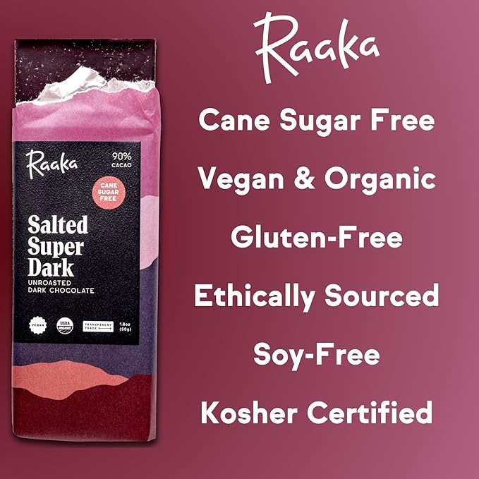 Raaka Salted Super Dark Chocolate Bars - 90% Cacao Organic Vegan Kosher Gluten Free Cane Sugar Free - Lightly Sweetened with Coconut Sugar - 1.8oz Bars 3-Pack