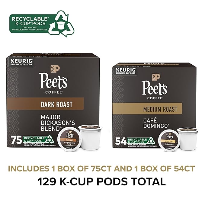 Peet's Coffee Medium and Dark Roast Keurig K-Cup Pods Bundle - Café Domingo 54 Count and Major Dickason's Blend 75 Count