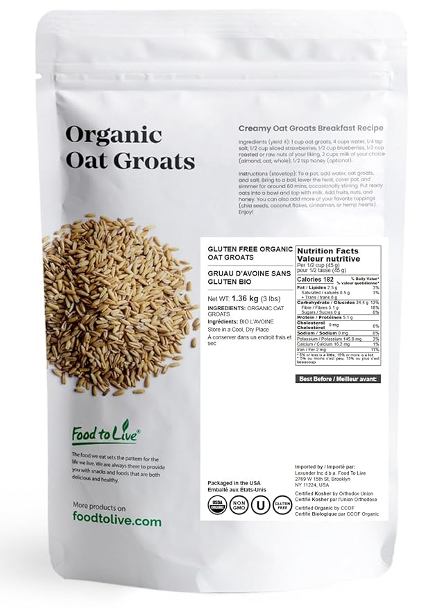 Food to Live Gluten Free Organic Oat Groats 3 Pounds – 100% Whole Grain Non-GMO Seeds Raw Non-Irradiated Vegan Bulk Berries. High in Protein Dietary Fiber Iron. Low Glycemic. Made in USA