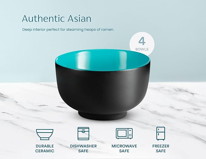 KooK Ramen Bowl Japanese Bowls Noodle Bowls Large Soup Bowl Ceramic Large Capacity For Ramen Pho Udon Soba Microwave and Dishwasher Safe 34 oz Set of 4 (Black/Teal)