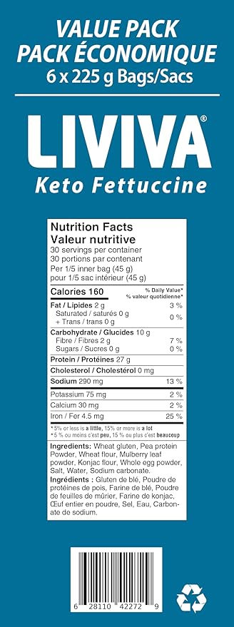 LIVIVA Low Carb High Protein KETO Value Pack Spaghetti Noodle Pasta 6 Pk – 135 g Protein per Box with Pea Protein &amp Konjac Flour - 8g Net Carbs Diabetic-Friendly - Healthy Al Dente Pasta (6 Pack