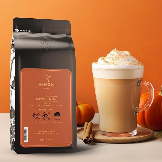 Lifeboost Pumpkin Spice Coffee Ground – Organic Low Acid Non-GMO Single Origin Medium Roast – Mycotoxin-Free Cozy Flavored Fall Coffee 12 oz