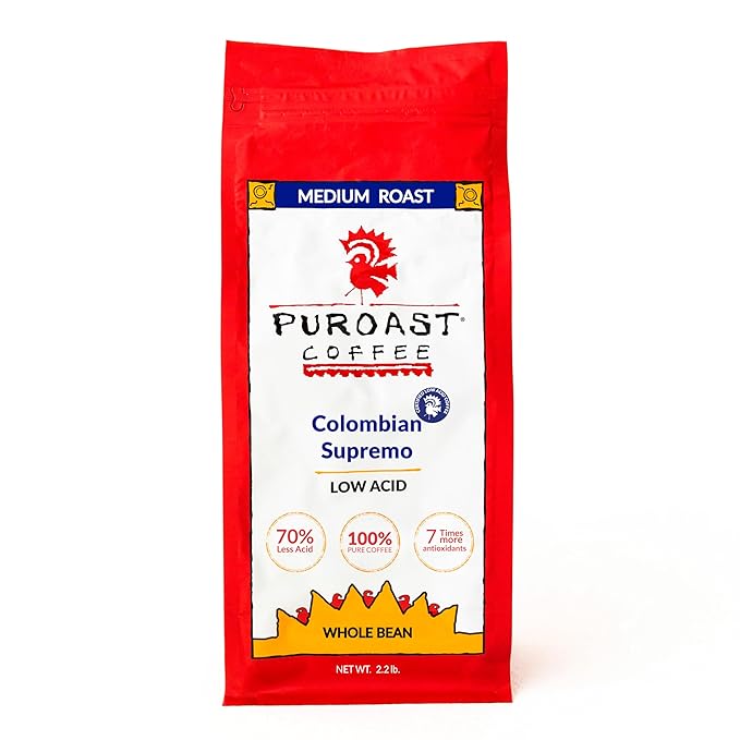 Puroast Low Acid Coffee Bean | Colombian Supremo Whole Bean | Medium Roast | High Antioxidants &amp High pH |No Bitter Aftertaste | Reduced Heartburn &amp GERD | Suitable for Cold Brew - 2.2 LB