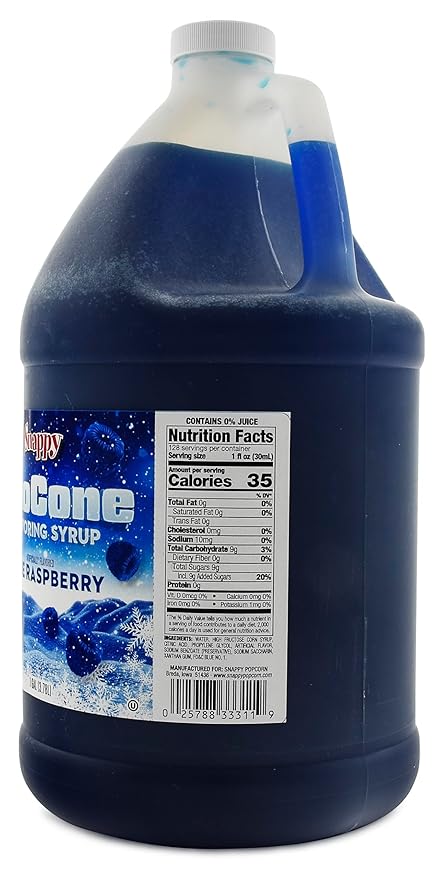 Snappy Blue Raspberry Sno Cone Syrup 1 Gallon - Ready-to-Use Shaved Ice &amp Snow Cone Flavoring Professional Grade Syrup for Sno Cone Machines 14 Flavor Options