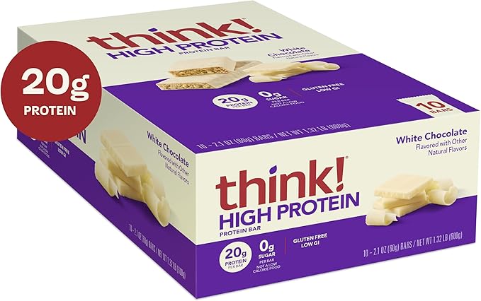 think! Protein Bars High Protein Snacks Gluten Free Kosher Friendly White Chocolate Nutrition Bars 2.1 Oz per Bar 10 Count (Packaging May Vary)
