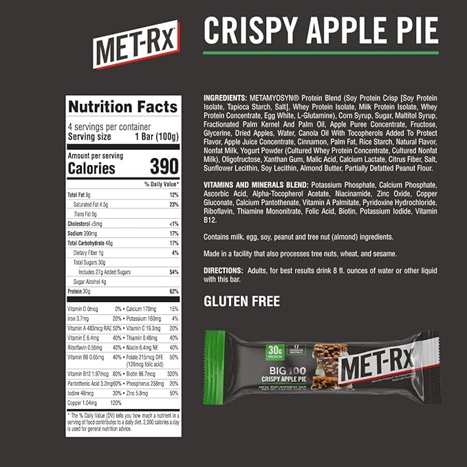 MET-Rx Big 100 Protein Bar Meal Replacement 30G Protein Gluten Free Crispy Apple Pie 3.52 oz. ea 8 Count (Packaging May Vary)
