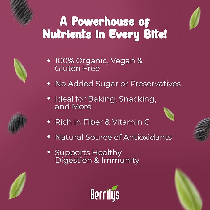Berrilys Organic Sun-Dried Black Mulberries 4 Pack Bundle [4x10 oz] Raw Gluten Free Mulberry No Preservatives No Additives No Colorings