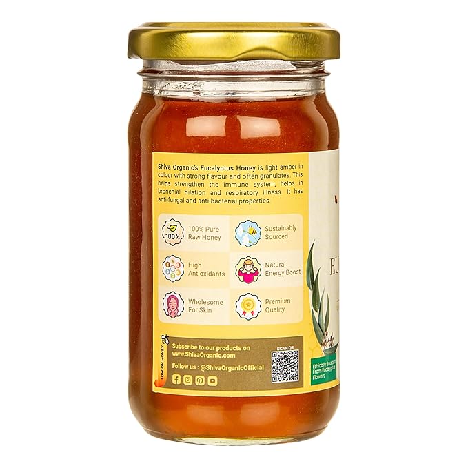 Shiva Organic's Eucalyptus Nectar Honey - NMR Tested Natural Honey No Added Sugar Flavorful - 250g (8.81 Ounce)