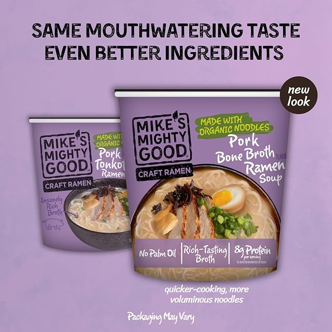 Mike’s Mighty Good Bone Broth Pork Ramen Cup (Pack of 6) – 8g Protein Instant Ramen Noodles – Organic Steamed Non-GMO - Canola Vegetable &amp Palm Oil-Free – Simple Ingredients Ridiculously Rich B