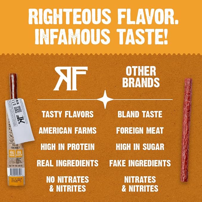 Righteous Felon Meat Sticks | 100% Pasture Raised Pork | 8g Protein per Stick | Keto Gluten-Free Low Sugar High Protein Snack Sticks | Individually Wrapped | Street Taco Pork Sticks 24 Count