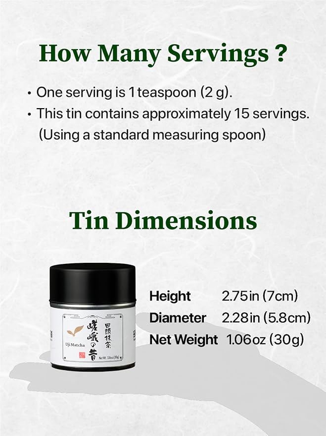 TAGASHIRA CHAHO Saga no Mukashi Uji Matcha Green Tea Powder (30g/1.06oz) - Hand-picked First Harvest Stone Milled Authentic Ceremonial Grade 100% Product of Japan
