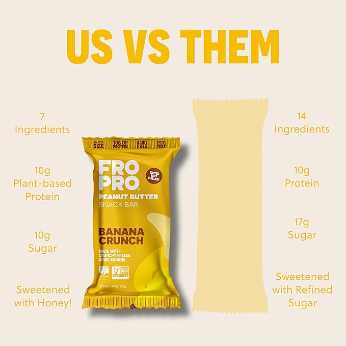 FROPRO Plant Protein Snack Bars - Plant Based Protein Bars All-Natural Gluten Dairy &amp Soy Free High Protein Bars with Low Calories | Banana Crunch 24 Pack