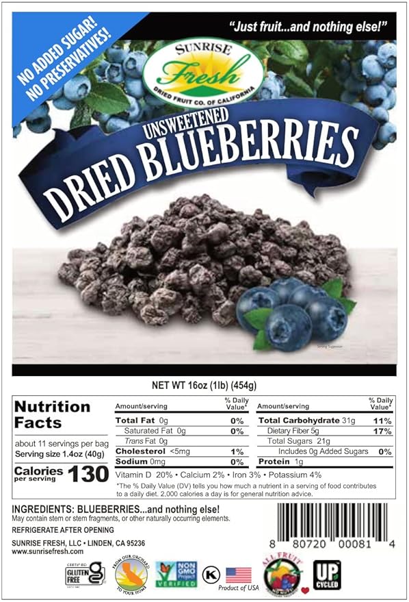 Sunrise Fresh Dried Blueberries 1lb. Bag - No Sugar Added Dehydrated Fruit for Baking Healthy Snack
