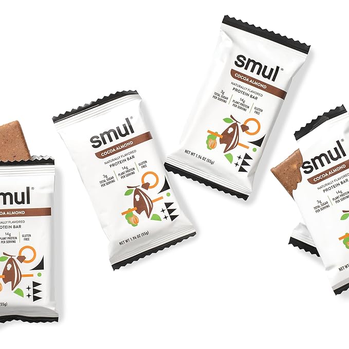 smul Plant Based Protein Bar – Cocoa Almond – 13g Protein Only 3g Sugar Gluten Free Non-GMO Vegan Dairy Free – High Fiber Snack to Satisfy and Sustain – 5 Pack