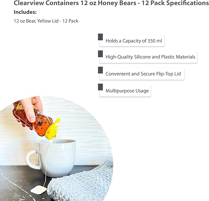 12 Pack of 12 Ounce Clear Honey Bears with Sealable Yellow Flip Top Lids (12 oz. Clear Bear 12pk Yellow)