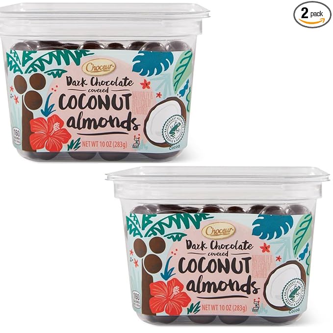2 PACKS of L'CHOCEUR DARK CHOCOLATE-COVERED COCONUT ALMONDS 10 oz. KOSHER DELIGHT! RAINFROREST ALLIANCE CERTIFIED DARK CHOCOLATE