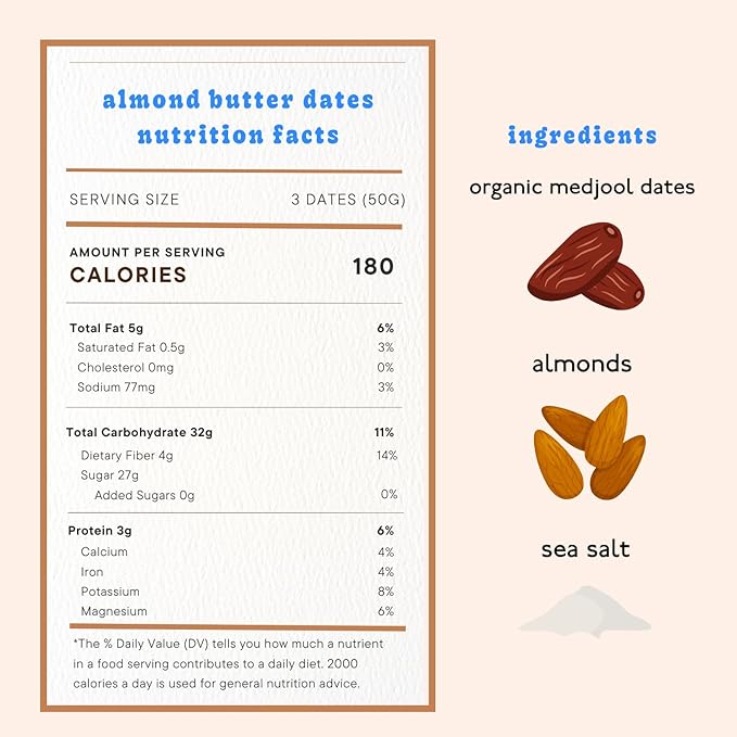 Realsy Pitted &amp Stuffed Medjool Dates Organic Dates with No Sugar Added Gluten-Free Vegan Good Source of Fiber Low Glycemic Index All Natural Healthy Snack (Almond Butter 5 Pack)