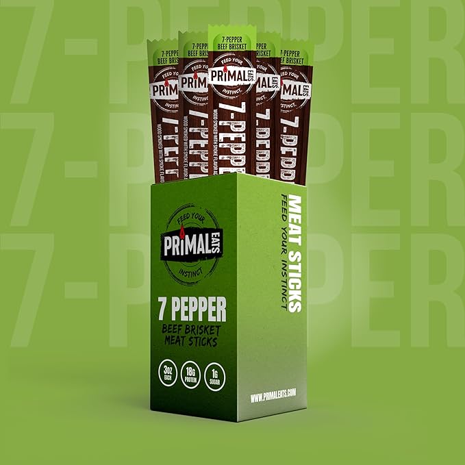 Primal Eats 7-Pepper 100% Beef Brisket Meat Sticks 3oz 10-Pack - 18g Lean Meat Protein Keto Paleo Carnivore Gluten Free Zero Sugar Beef Jerky Snack Stick