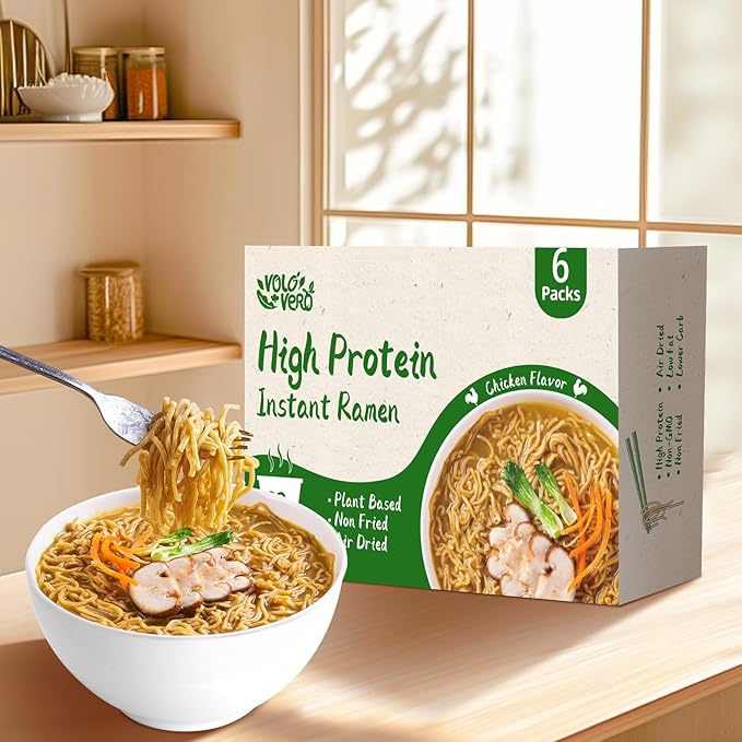 VOLO VERO High Protein (32g) Instant Ramen Soup Cup Chicken Flavor Plant-Based Non-Fried Vegan Low Carb Low Fat Non-GMO Egg &amp Dairy Free Quick Healthy Meal Holiday Gifts 6 Packs