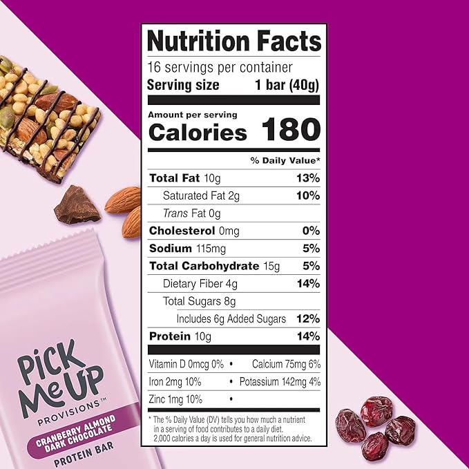 Pick Me Up Provisions™ Gluten Free Cranberry Almond Dark Chocolate Protein Bar 1.4 oz. 16 Bars/Box