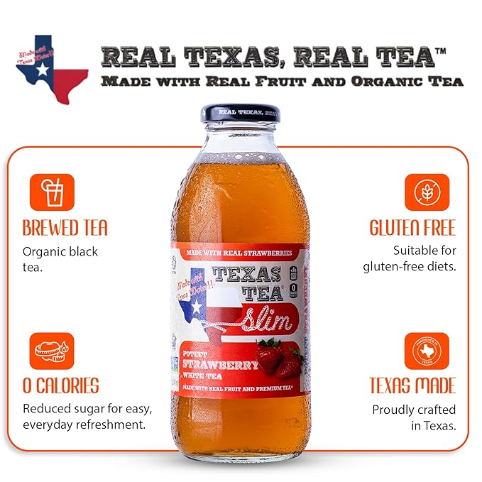 Texas Tea SLIM Fredericksburg Diet Peach Tea – Zero Calories Reduced Sugar Organic Black Tea with Real Texas Peaches Small-Batch Brewed 12-Pack 16oz Glass Bottles Southern Sweet Iced Tea