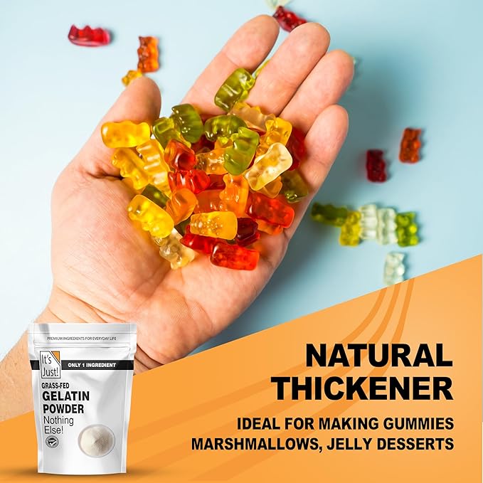It's Just - 100% Gelatin Powder (2lb) Unflavored Heavy Metal Tested Grass-Fed Bovine (Beef) Source Non-GMO Keto Friendy Perfect for Marshmallows Gummies Desserts 32oz