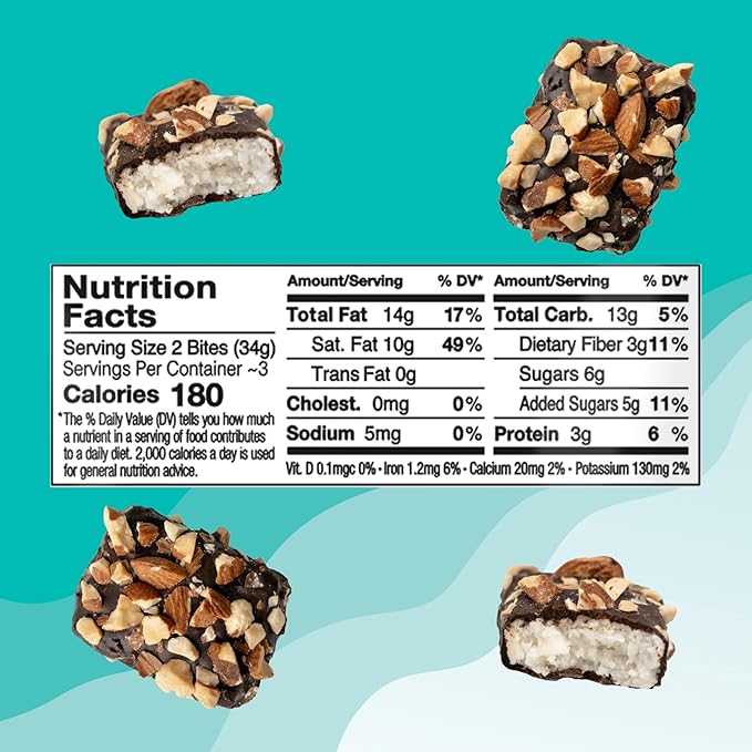 JOJO's Dark Chocolate Coconut Filled Bites with Almonds 3.6oz (4 count) Gluten-Free Non-GMO Vegan Lactose Free More Protein Less Sugar