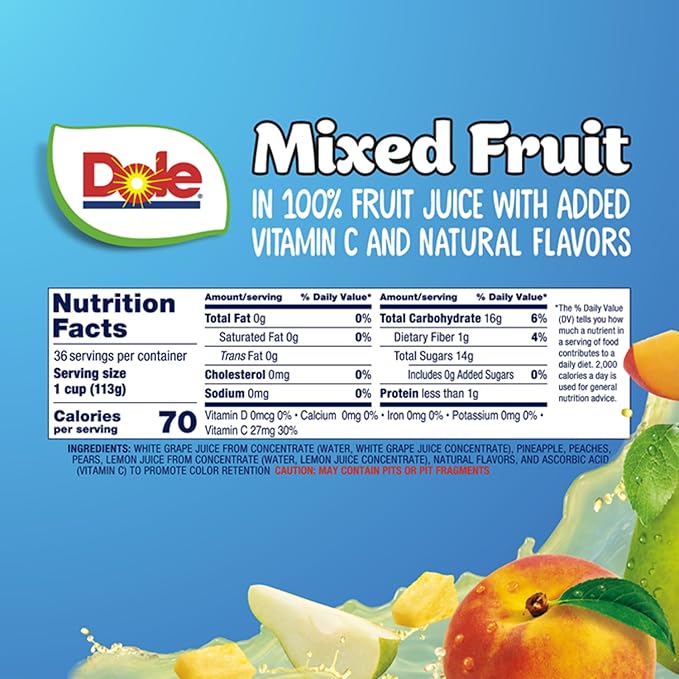 Dole Fruit Bowls Mixed Fruit in 100% Juice Snacks 4oz 36 Total Cups Gluten &amp Dairy Free Bulk Lunch Snacks for Kids &amp Adults