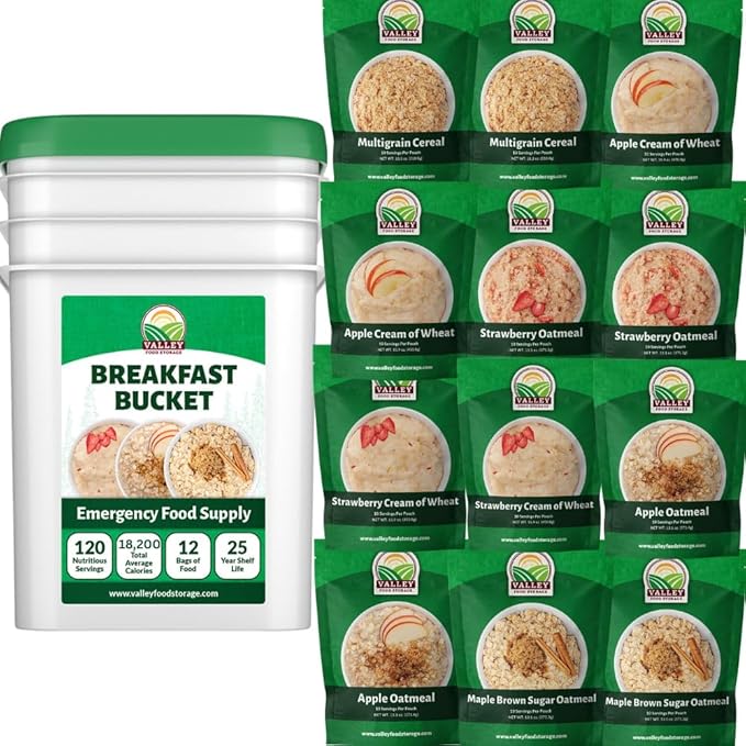 Valley Food Storage 120 Serving Breakfast Bucket | Emergency Food Supply with Easy Prep Breakfast Meals | 25 Year Shelf Life | Camping Food Prepper Supplies &amp Long Term Storage | Packaged in USA