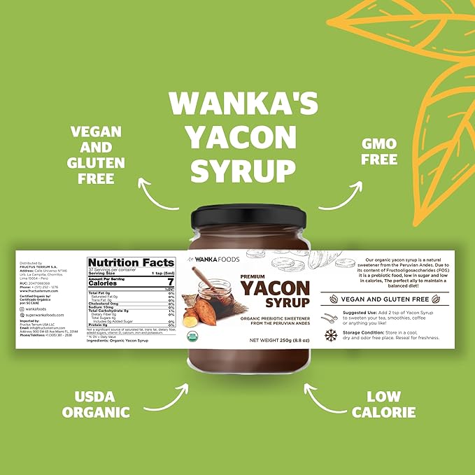 Organic Yacon Syrup 8.8oz - 250g – Plant-Based Natural Sweetener from Peru Low Glycemic Sweetener Alternative Smooth Caramel Flavor USDA Organic