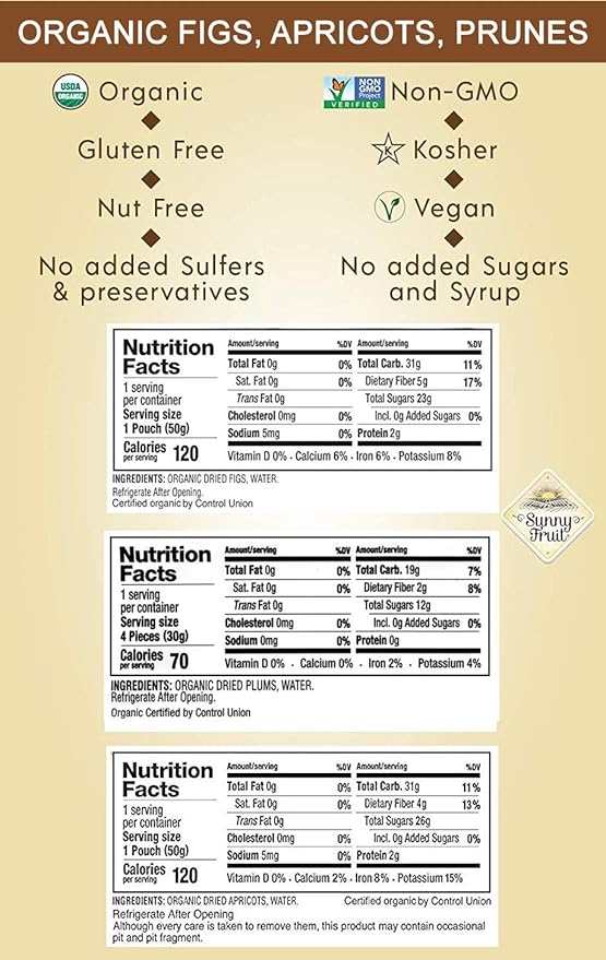 Sunny Fruit Organic Dried Fruit Assortment - Prunes Figs &amp Apricots Variety 3 Bags (15 Individual Portion Packs) | No Preservatives No Sugar Added | ORGANIC NON-GMO VEGAN HALAL KOSHER