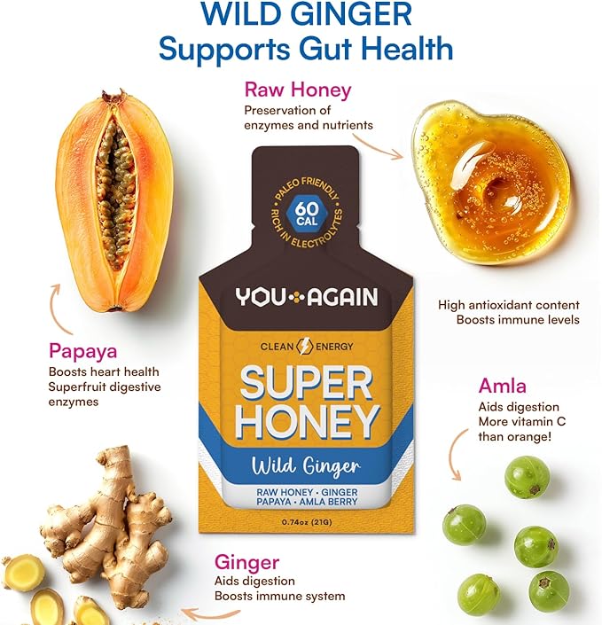 You Again Super Honey Wild Ginger Packets | Workout Clean Energy Gel Packs | Cycling Endurance Running Gel or Energy Snack | Paleo &amp Carnivore Snack | Gluten-Free | Made in USA | 8 Pack