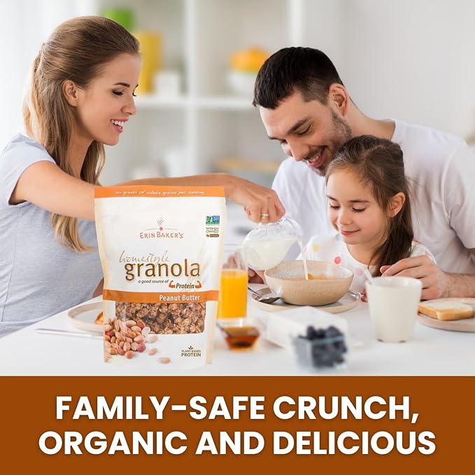 Erin Baker’s Homestyle Peanut Butter Granola with Ancient Grains - Made from Natural Ingredients Crunchy Texture Versatile Snack or Cereal - Vegan Friendly Non-GMO Resealable 12oz Bags 6‑Pack