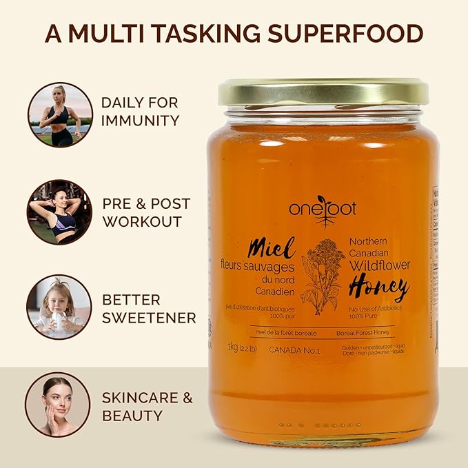 OneRoot Natural Wildflower Honey - 2.2 lbs / 1kg Pure Canadian Boreal Forest Honey - Unpasteurized Minimally Filtered &amp Single-Source - Rich in Enzymes &amp Antioxidants